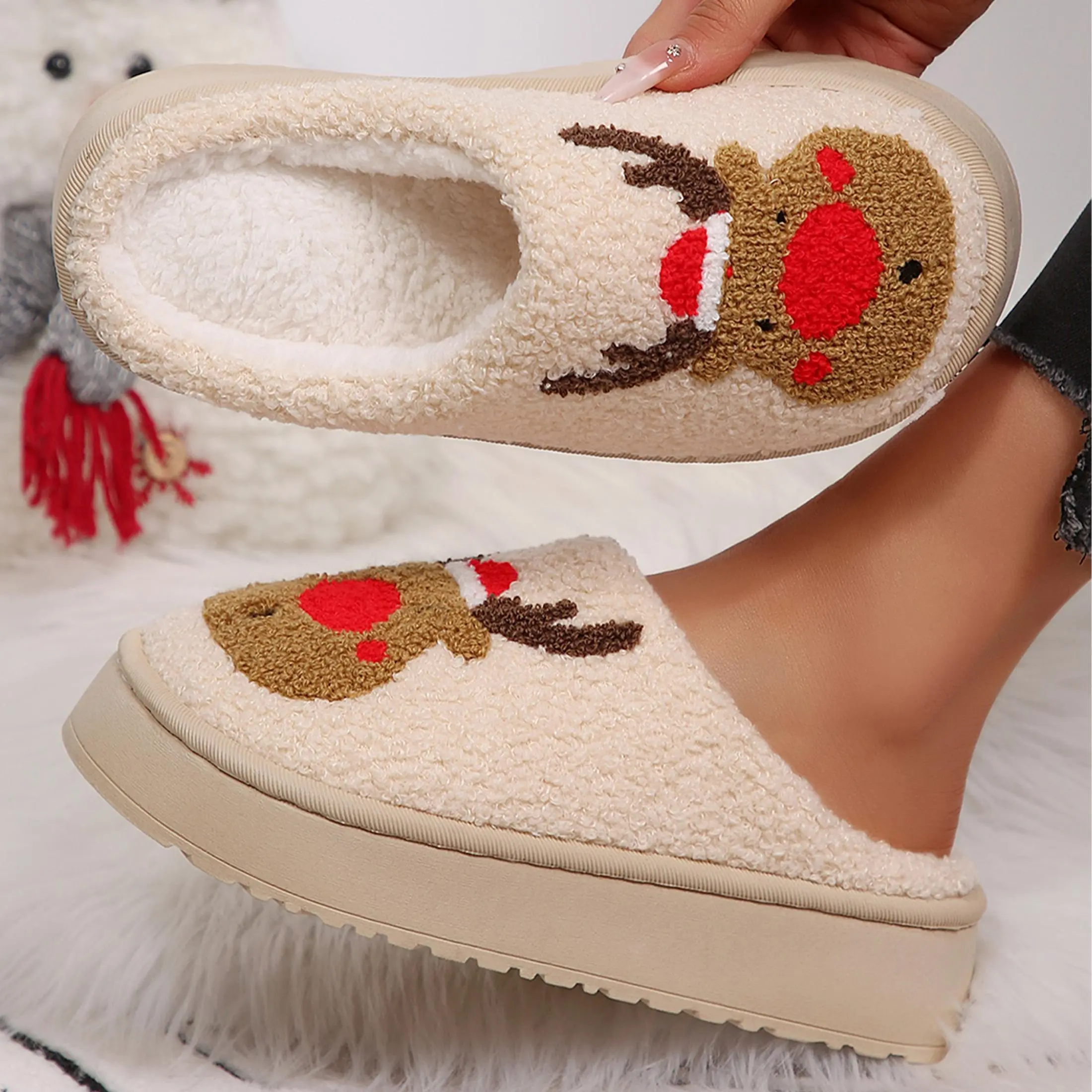 Women's Red Nose Reindeer Print Slippers Non-Slip Fluffy Platform House Shoes
