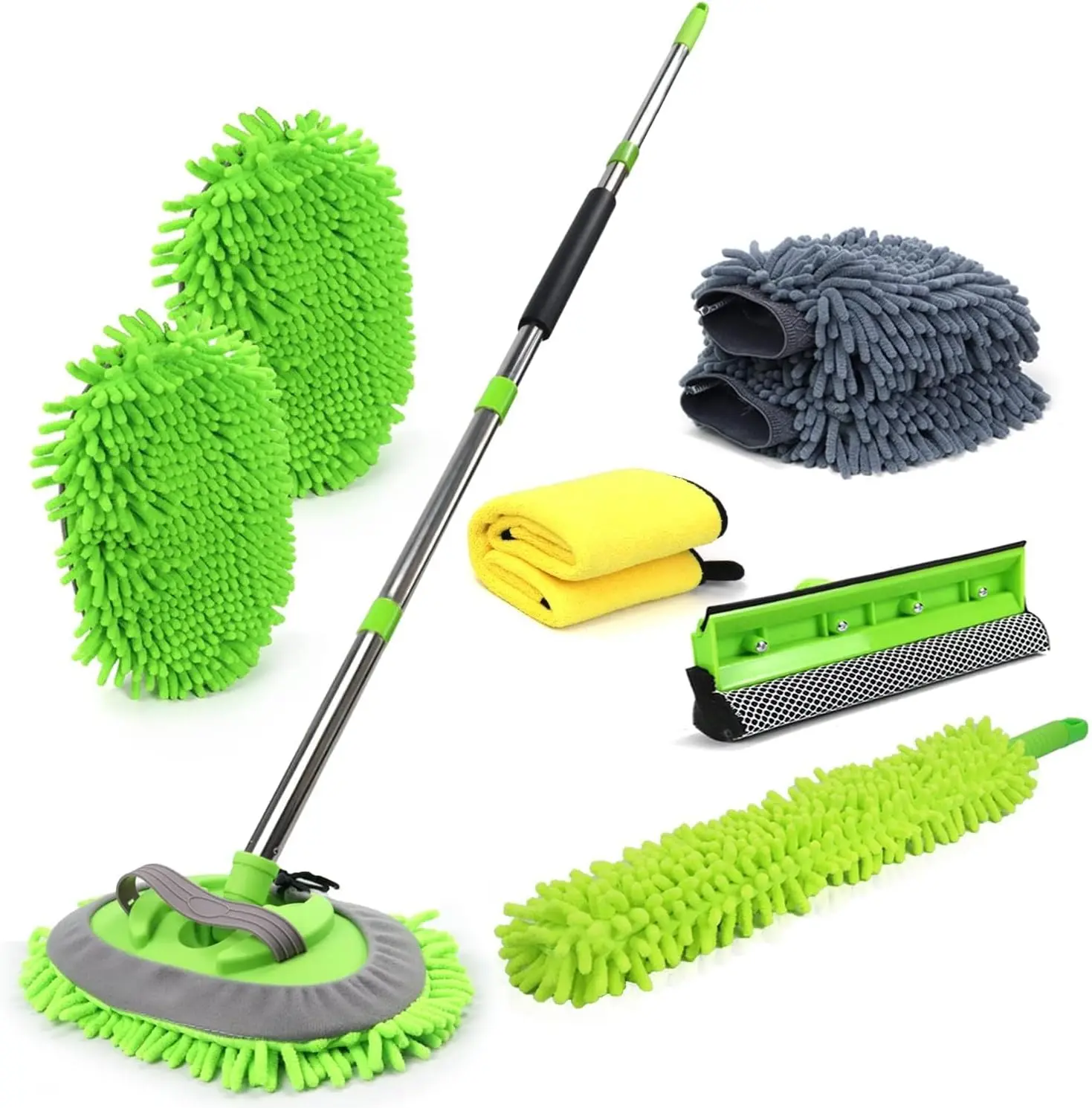 11PCS Car Wash Brush Kit with Long Handle, Chenille Car Wash Mop, Windshield Squeegee, Microfiber Towels & Wash Mitt Gloves for Cars, SUVs, Trucks & RVs