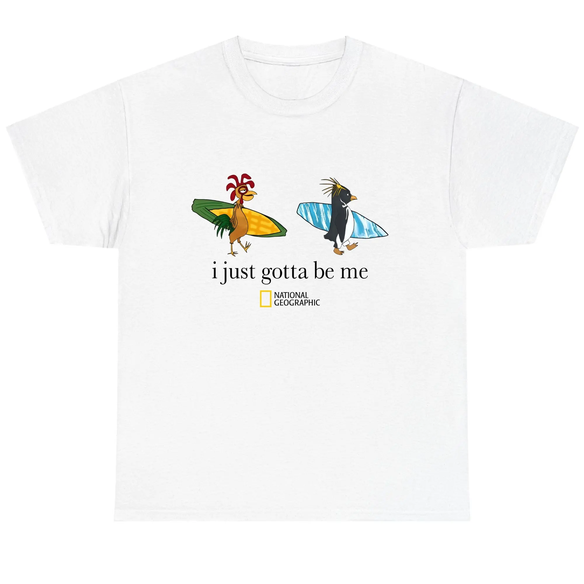 Women's National Geographic Cody Maverick & Chicken Joe "I Just Gotta Be Me" Surfs Up Graphic T-Shirt - Shortleeve, Crew Neck, Boxy Cut Tee, Unisex Casual Streetwear Funny Top, Shortsleeve, Tshirt