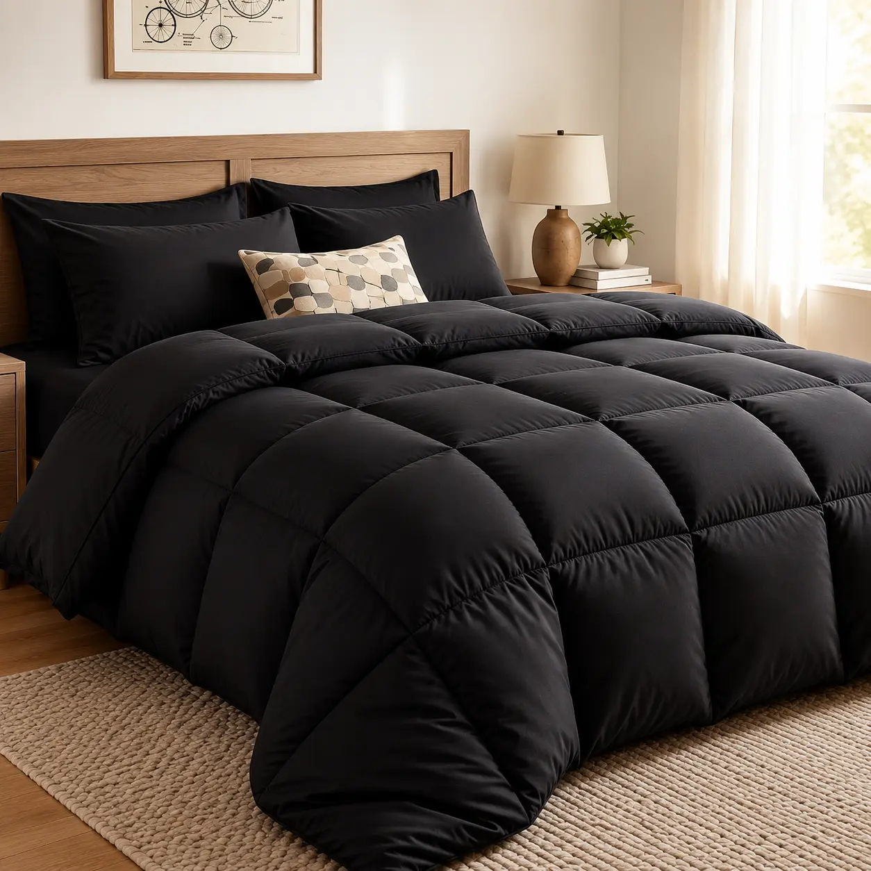 Ultra Soft Black Down Comforter | All-Season Plush & Skin-Friendly Bedding | Box Stitched for Durability dreamy duvet set bed sure blanket egyptian cotton luxury quilted puffed quilt Luxurious Goose Feather Weighted Grey Dark Cozy  comfortable size insert