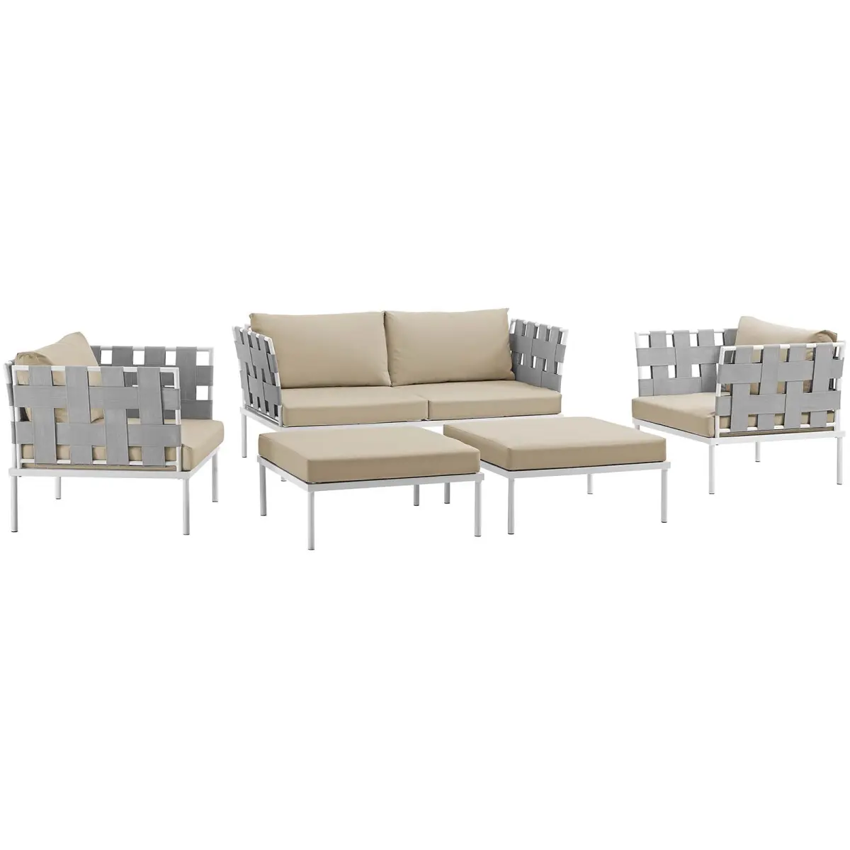 Modway Harmony 5-Piece Woven Aluminum Frame Modern Outdoor Patio Sectional Sofa Set - White & Beige, 15.5x31.5x31.5 in, Model EEI-2621-WHI-BEI-SET