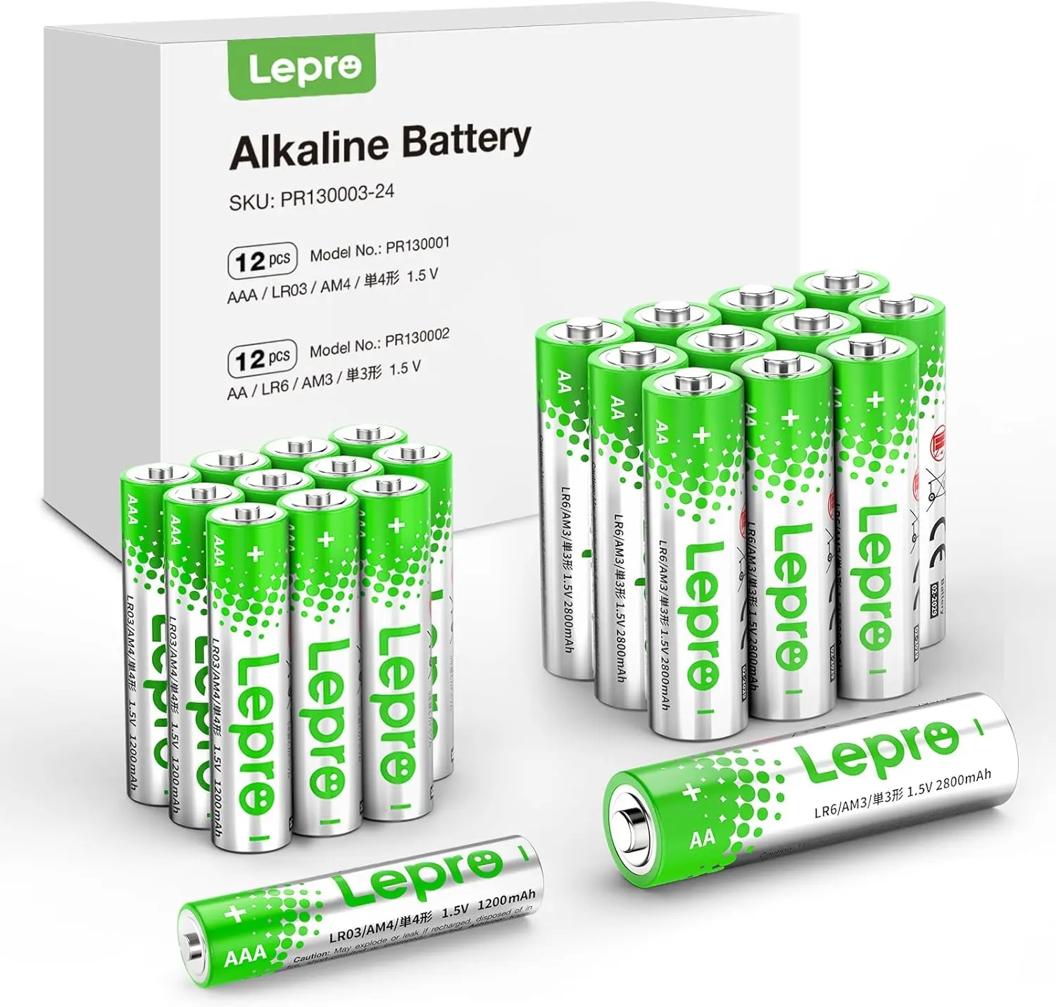 Lepro Durable 2800mAh Non-Rechargeable Alkaline Batteries Variety Pack - 24-Count Combo (12 AA, 12 AAA) for Remote Controls & Battery Replacement Needs, Replacement Batteries