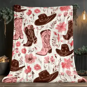 1pc Western Cowboy Boots & Hats Throw Blanket - Soft Flannel Lightweight All-Season Bedspread - Pink & Brown Cowgirl Design with Floral & Western Motifs - Perfect for Sofa, Bed, Camping, Travel - Western Home Decor Gift for Country Living