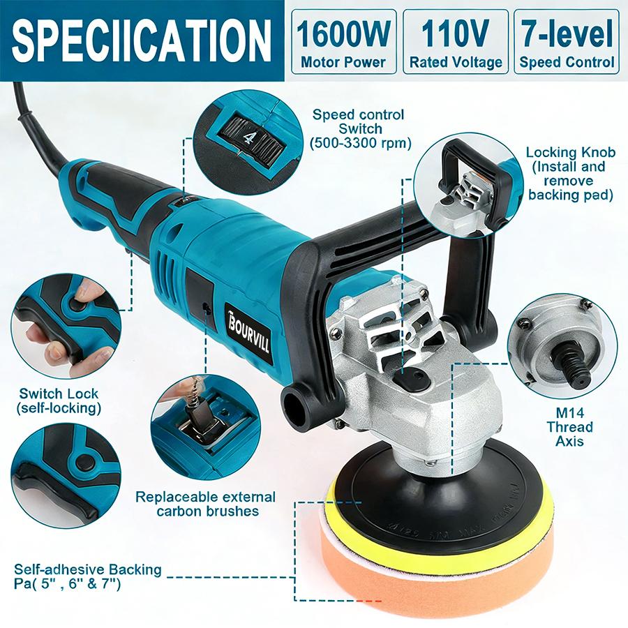 Buffer Polisher, 1600W 7 Inch Rotary Buffer Polisher Waxer, 7 Variable Speed 500-3300 RPM, Detachable Handle for Car, Boat Sanding, Polishing, Waxing