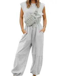 COCCKO Womens Casual Jumpsuit Crewneck Cap Sleeve Long Wide Leg Pants One Piece Outfits Drawstring Romper with Pockets