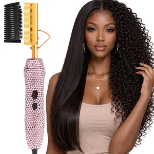 Diamond Electric Hair Straightening and Curling Comb 450°F Heat Pressing Comb Anti-Scald Case for Natural Hair and Wigs Thermal Brush Straightener