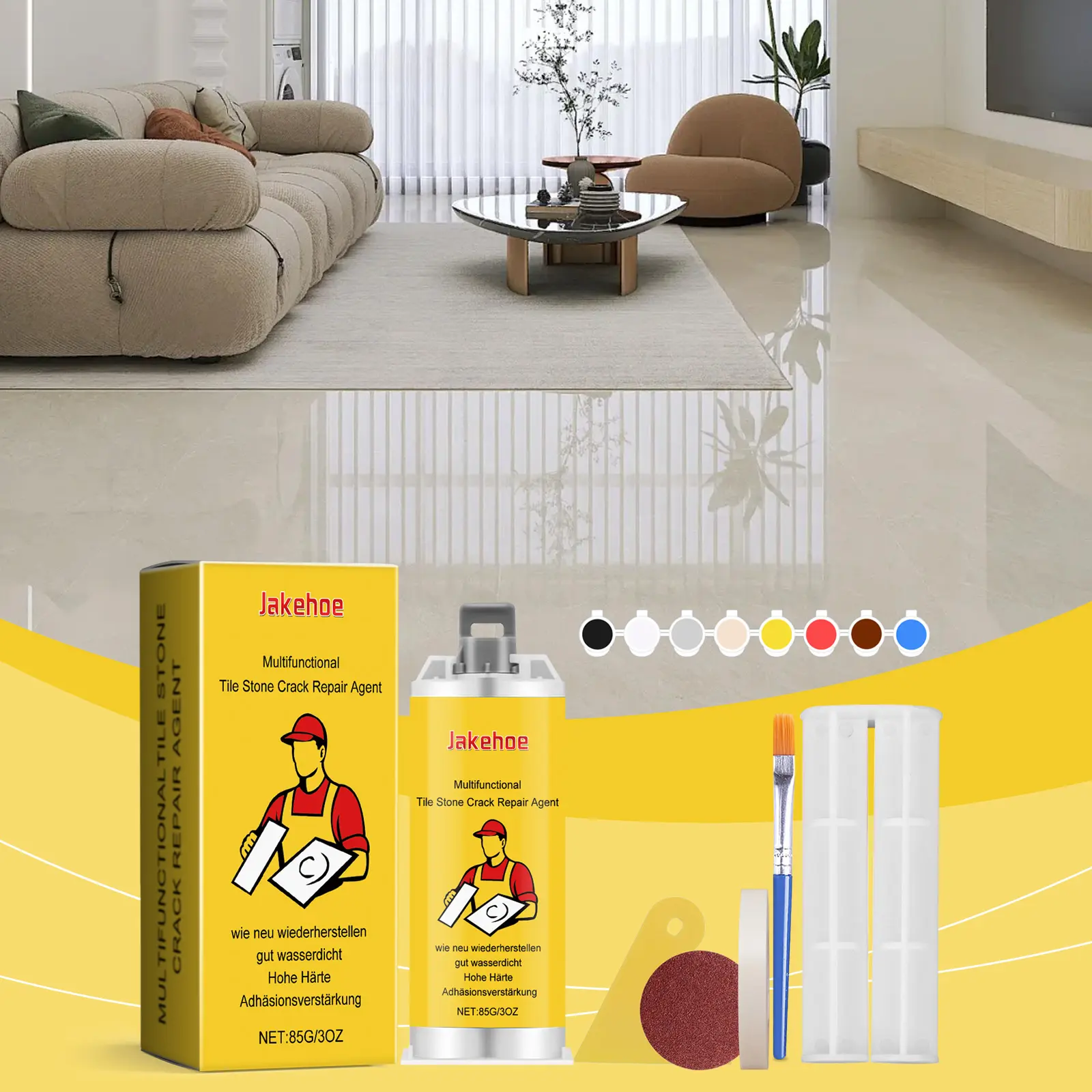 Jakehoe Multifunctional Tile & Stone Repair Kit for Home Improvement - Fast Drying Adhesive, Color Matching, Durable Fix Glue, Seamless Finish, Wall Hole Filler for Ceramic Tiles, Marble, Porcelain Surfaces, Crack Filler