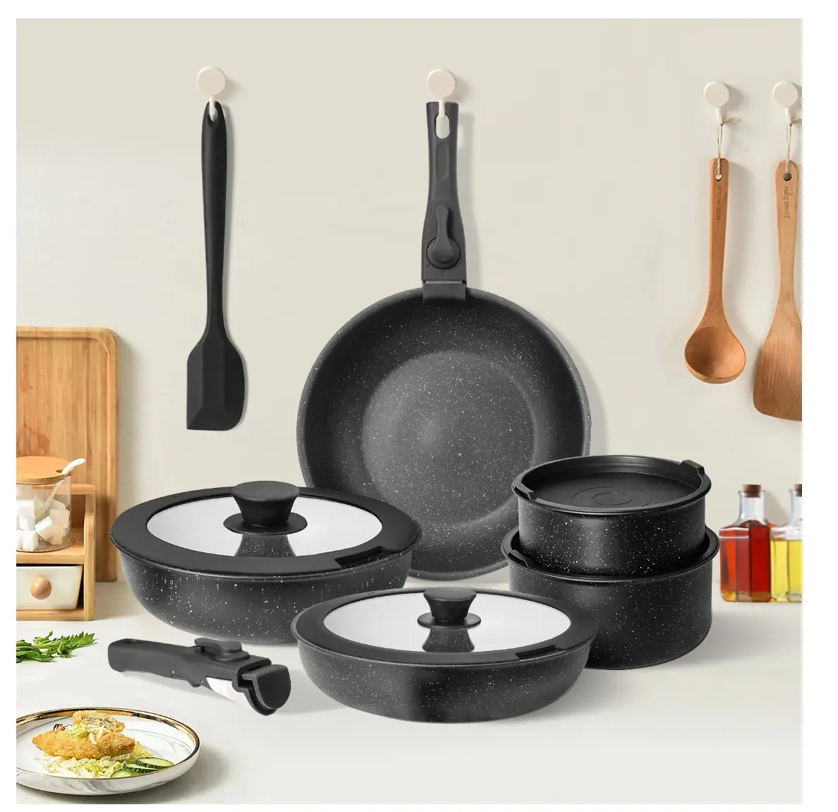 12-Piece Nonstick Pots and Pans Set, With Removable Handle, Induction Cookware, Black