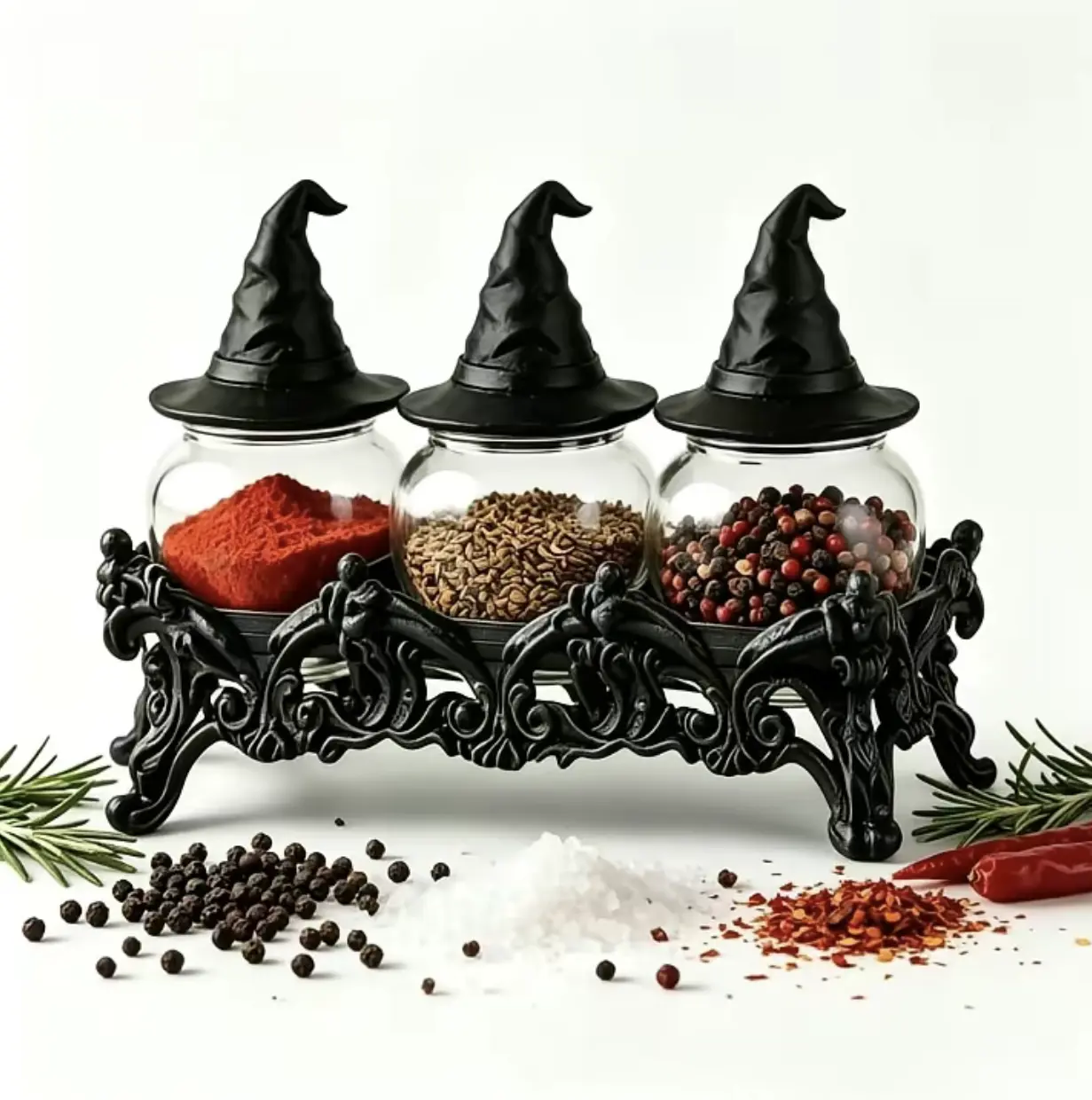 Gothic 23x13x15cm Witch's Hat Spice Canister Set, Vintage Handcrafted Glass Lid with Base, Easter-Themed Kitchen Seasoning Storage Bottles for Spices-Pepper-Salt, Decorative Practical Kitchenware, Decoration