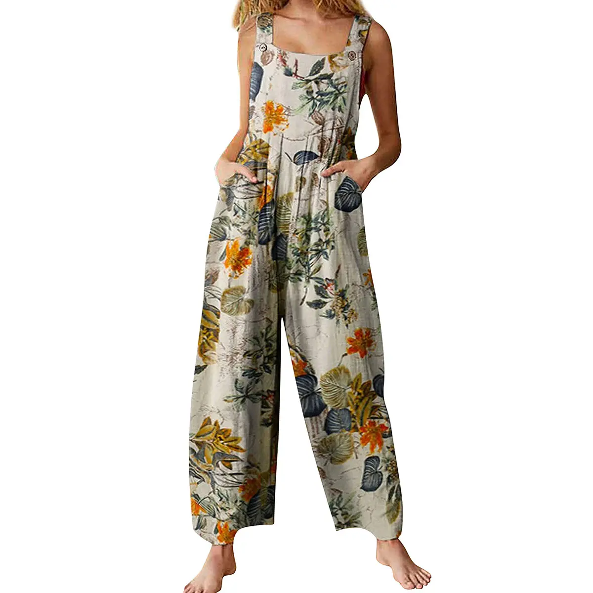 Women's Linen Like Patchwork Dual Pocket Jumpsuit Loose Floral Print Bohemian Wide Leg Bib Overall Casual Womenswear Printed SummerVibes, Jumpsuits For Women, Overalls For Women