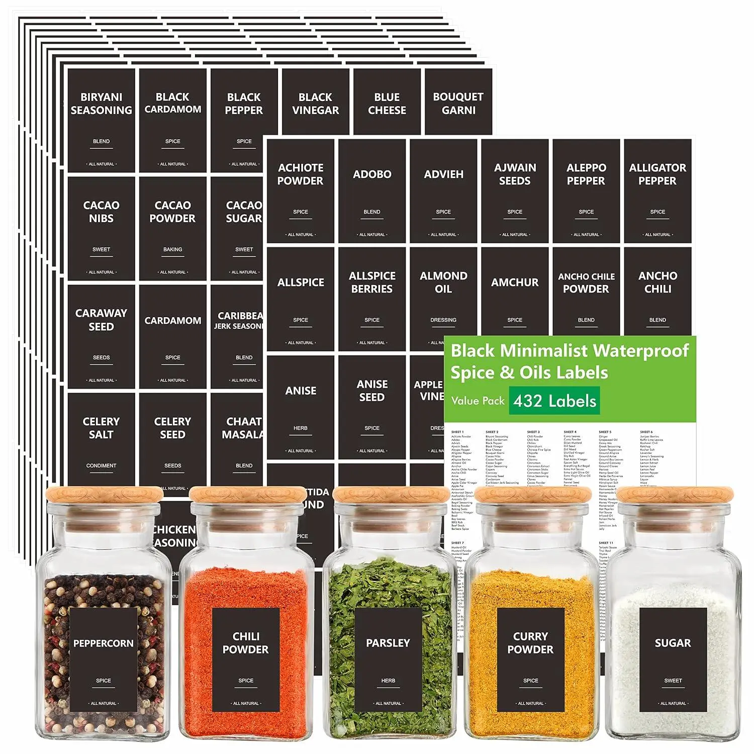 432 Removable Spice Labels, 396 Pre-Printed Herb Seed Seasoning Sauce Oil Vinegar Stickers, 36 Blank Ones, Waterproof Oil&Tear Resistant, No Residue For Kitchen Pantry Containers Jars(White On Black )