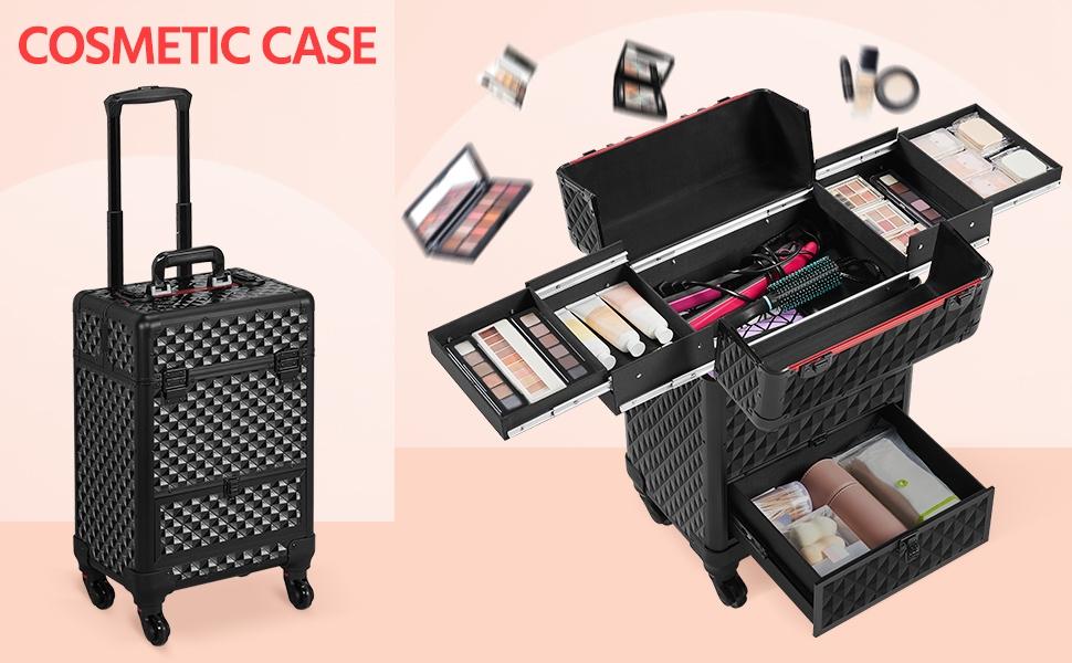 Yaheetech Rolling Makeup Case Aluminum Cosmetic Case Professional Makeup Train Case Large Capacity with 4 Trays & Drawer