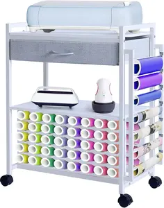 Craft Organizers and Storage Cart, Vinyl Roll Storage and Organization Holder Compatible with Cricut Machine, Heat Press Stand Table with Wheels & Drawer for Craft Room