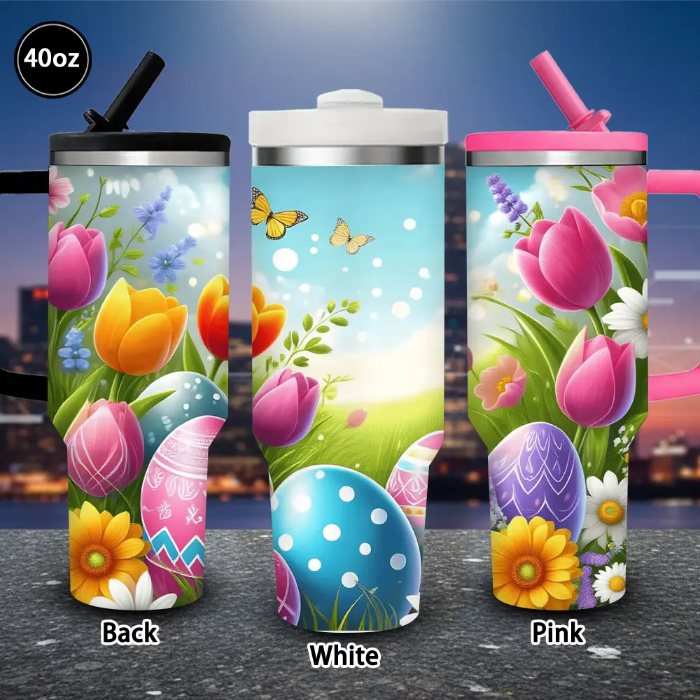 1 pc 40 oz Colorful Spring Scene Vacuum Insulated Tumbler with Lid and Straw - Easter Eggs, Blooming Tulips, Butterflies - Winter Travel Flask - Women's Gift - Ideal for Easter, Birthdays - Fits Iced/Hot Coffee, Flasks