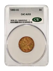 1893-CC  $5.00 Gold Liberty Coin CAC AU 55