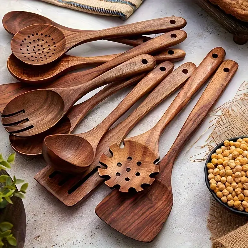 10pcs/set Natural Wood Home and Kitchen Kitchenware Utensils Set, Wooden Spoon Set, Wooden Cooking Tools, Kitchen Utensils Set, with Ergonomic Handles, Heat-Resistant Spoons, Pans and Spatulas, Ideal for Induction Cookers