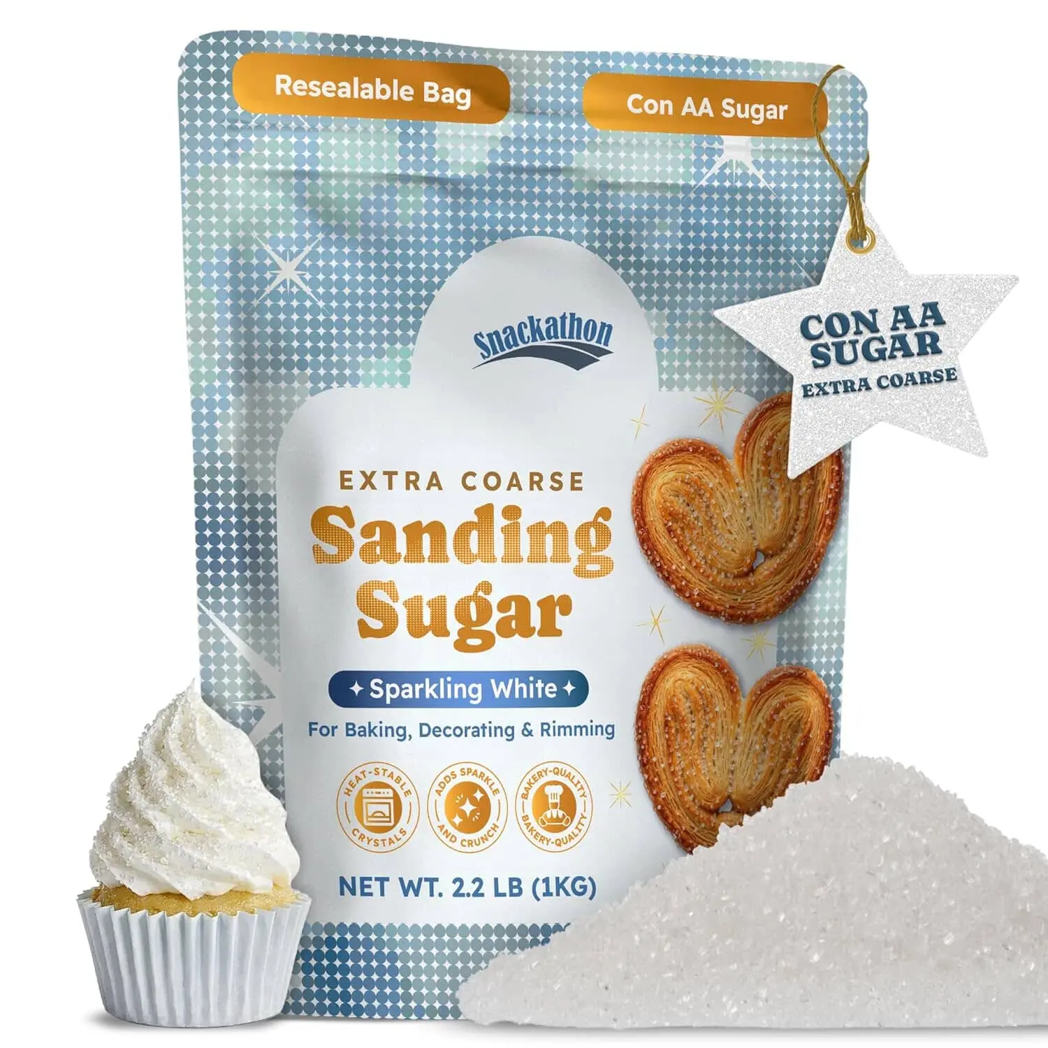 Snackathon Sanding Sugar, Extra Coarse White Sparkling Sugar Crystals, Resealable Bulk Bag, Sweet Crunchy Edible Finishing Sugar for Baking & Decorating, Cupcakes, Cookies, Ice Cream & Drink