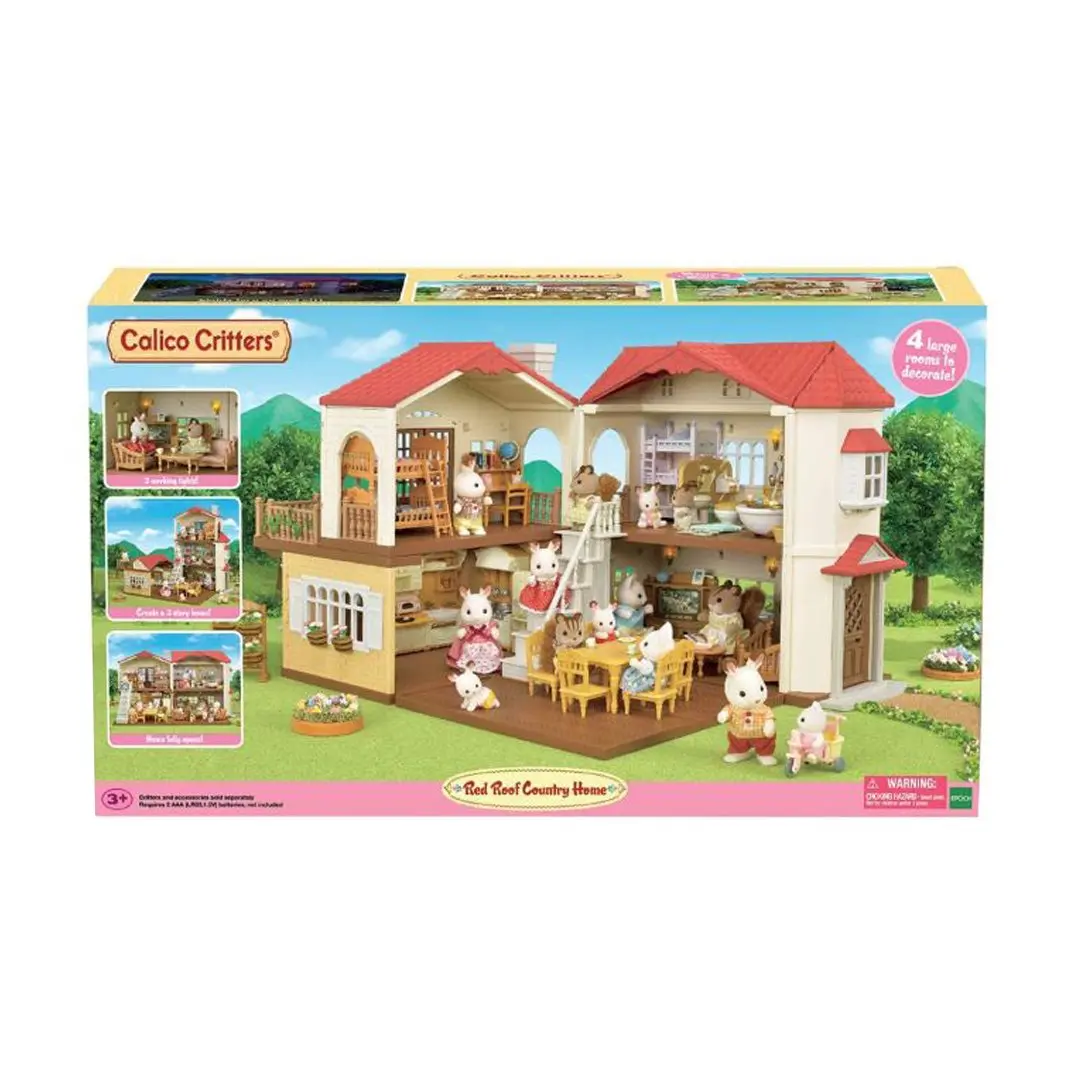 Calico Critters Red Roof Country Home Pretend Playhouse - Unisex Miniature House Doll Playset with Lamps for Imaginative Play, Ideal for 3-4 Years Kids