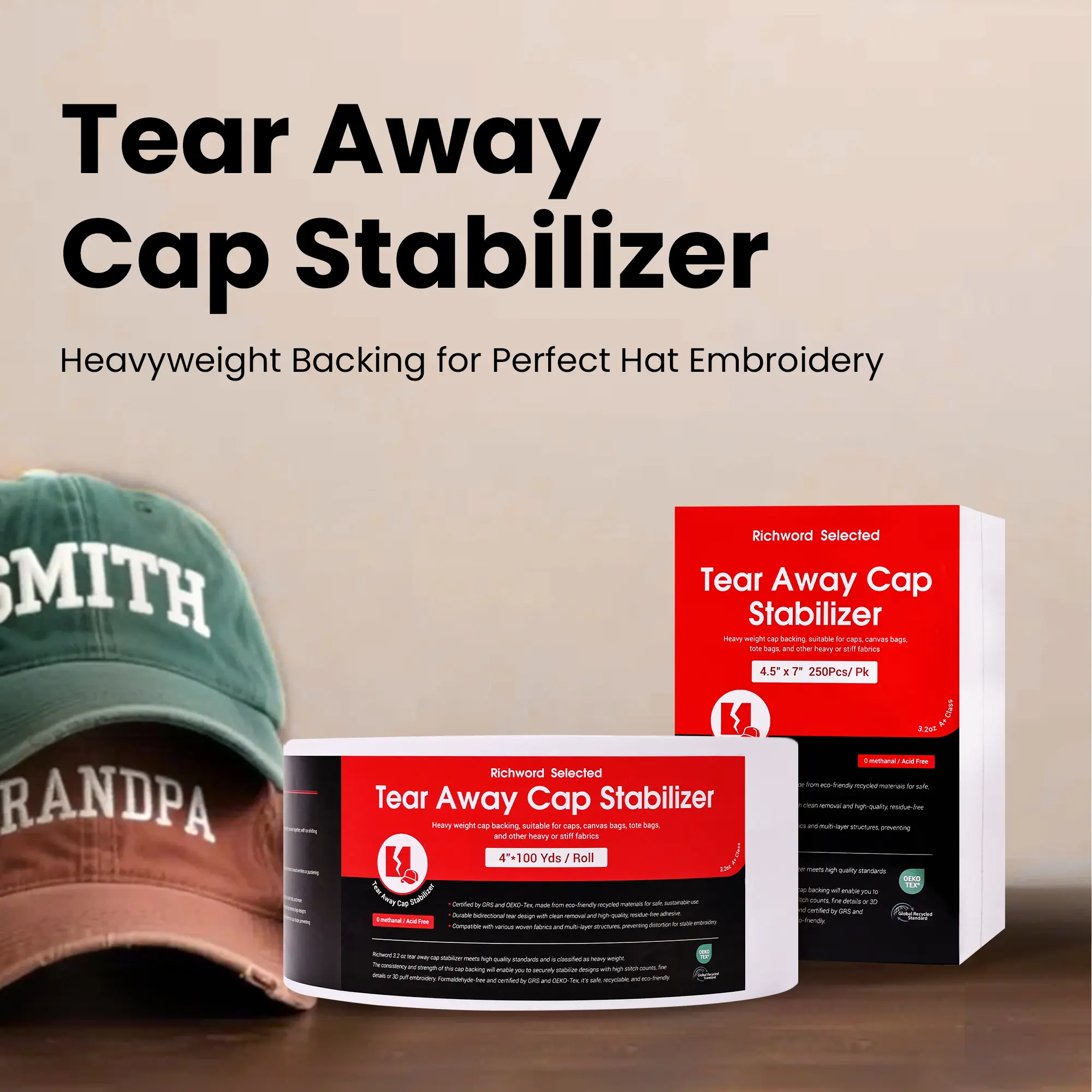 BAI Easy-Remove Tear Away Embroidery Stabilizer Backing - 3.2 oz Medium-Weight Thickness for Caps, Hats, Hard-To-Hoop Items, Commercial Embroidery Machines, Structured Or Hard-To-Hoop Items