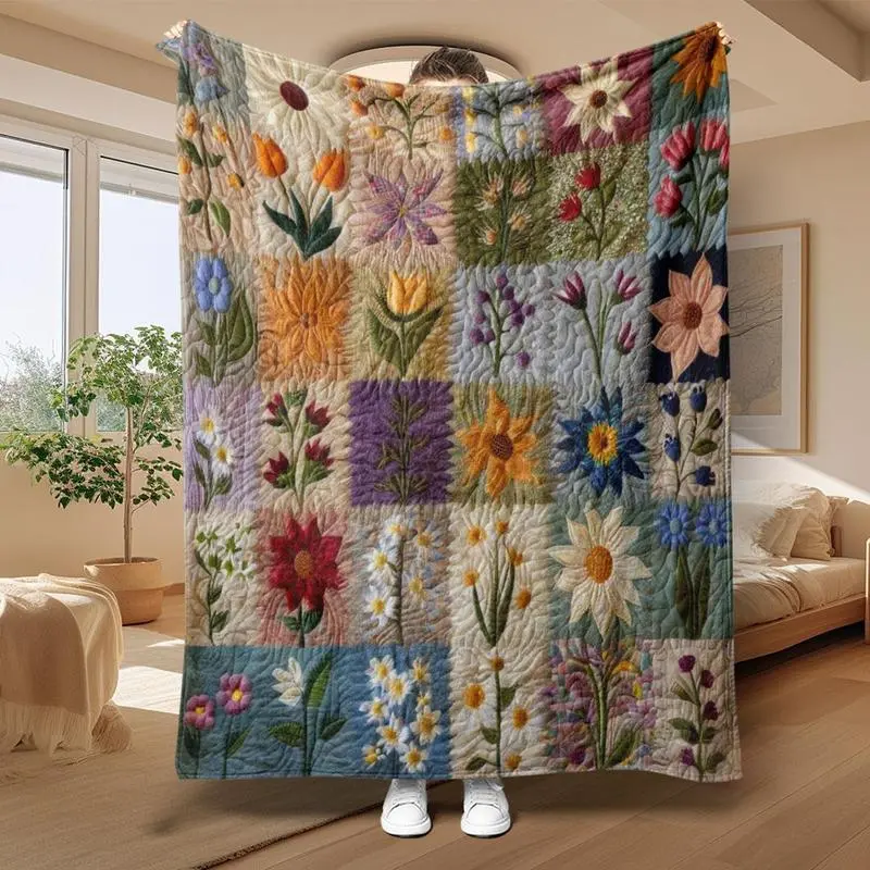 Floral Pattern Patchwork Quilted Throw Blanket, Soft Comfortable Warm Napping Blanket, Cool Bedroom Bedding Blankets for Home Office Travel Dormitory, Soft Cozy Blanket
