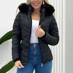 Women's Zip Up Pocket Design Shirred Waist Jacket Fuzzy Trim Fleece Lined Hooded Puffer Coat