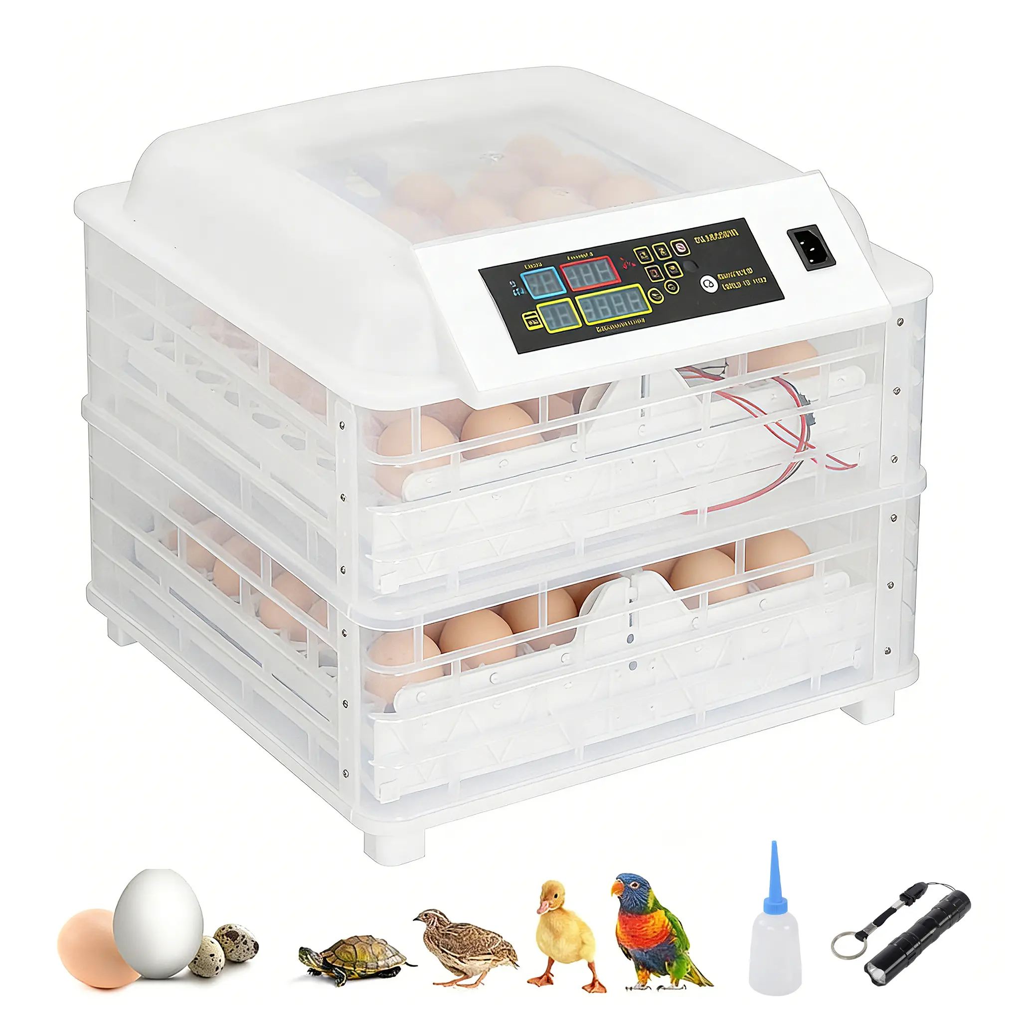 2-in-1 Fully Automatic Bird Egg Incubator (112-Egg Capacity, Compact Mini, 22.44 x 21.26 x 12.8 Inches, 100W, 210.93Oz / 5980G) - Auto-Turning, Digital Temp Control, Transparent Visible Design, Energy Saving for Chickens, Ducks, Child Curiosity Cultivatio