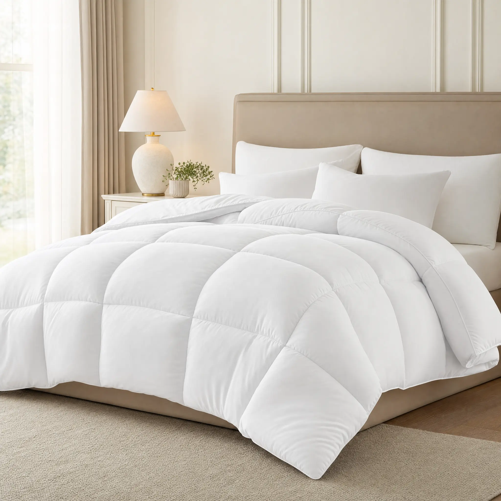 Goose Down Feathers Comforter, 100% Cotton Down-Proof Breathable Hypoallergenic Cover, 300GSM All-Season Gusseted Bedding with 3D Box-Stitching & Cooling Design, Queen Comforter Set