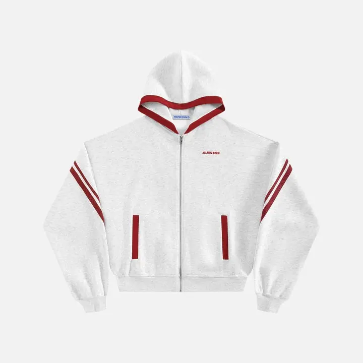Aelfric Eden Boxy Stripe Zip Up Hoodie Red-White Contrast Stripe Design Hooded Zip-Up Closure Mini Brand Soft Fabric Retro Sporty Streetwear Unisex Outerwear,back to school,back to school shopping,clothes for back to school,first day of school outfits