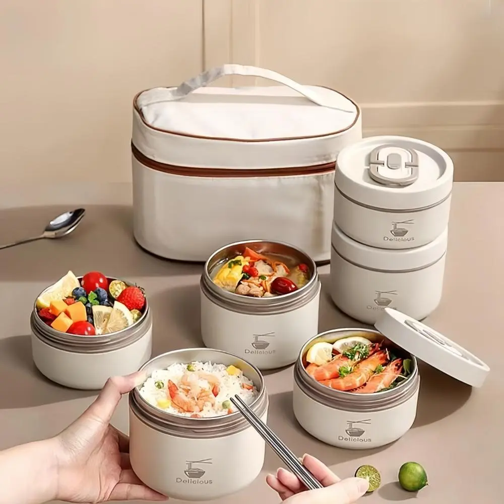 Stainless Steel Lunch Box with Lid & Cutlery, Set of 3/4 Stackable Large-Capacity Food Containers with Cooler Compartment and Insulated Bag, Portable Insulated Lunch Cooler for Camping, Picnic, School and Office, Picnic Essentials