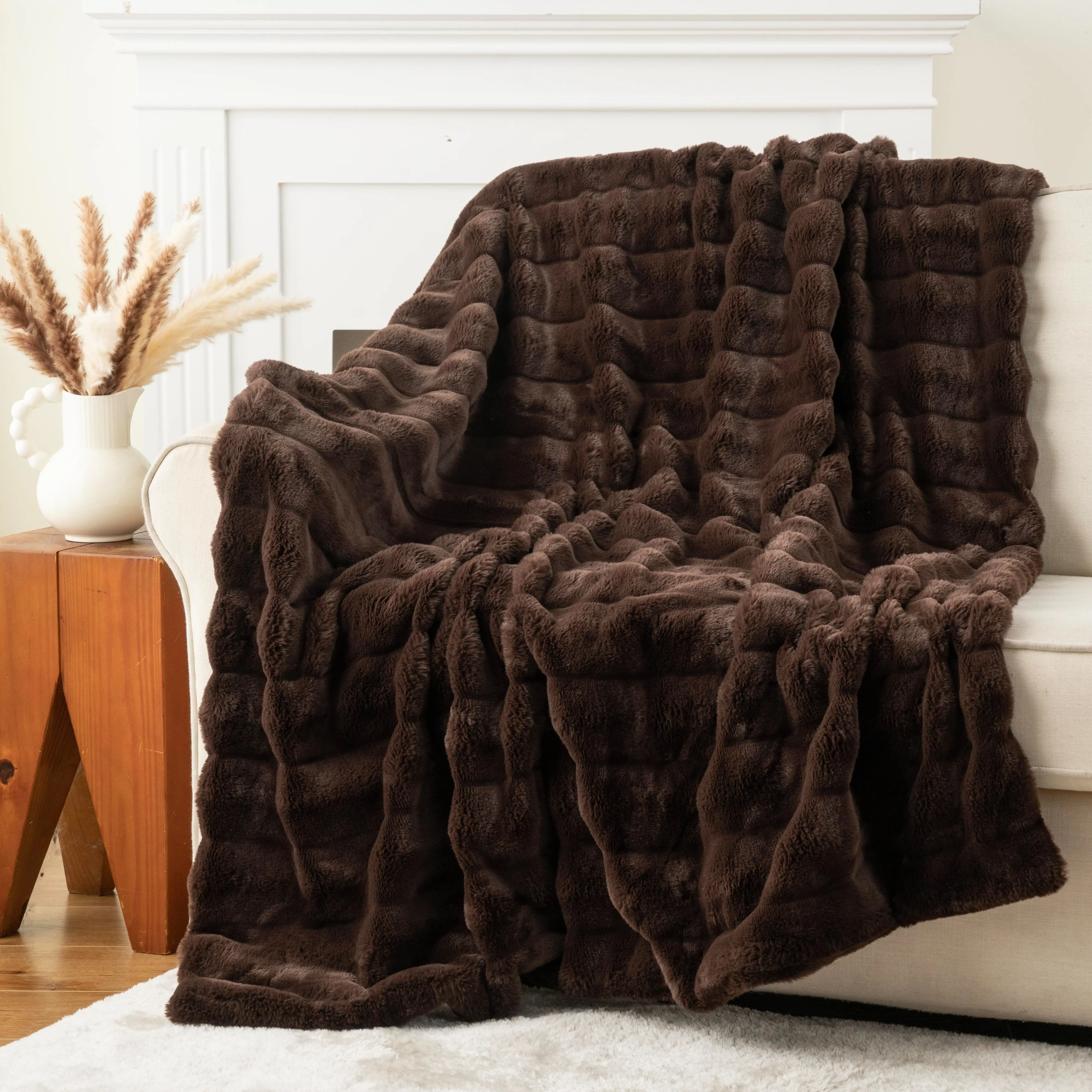 Battilo I Faux Rabbit Fur Puff Blanket - Super Soft Cozy Mink Textile Throw, 50"X60" Decorative Sofa Blanket for Bed, Home Decor, Cozy Warm Blanket Gifts for Couch, Sofa, Living Room, All Seasons