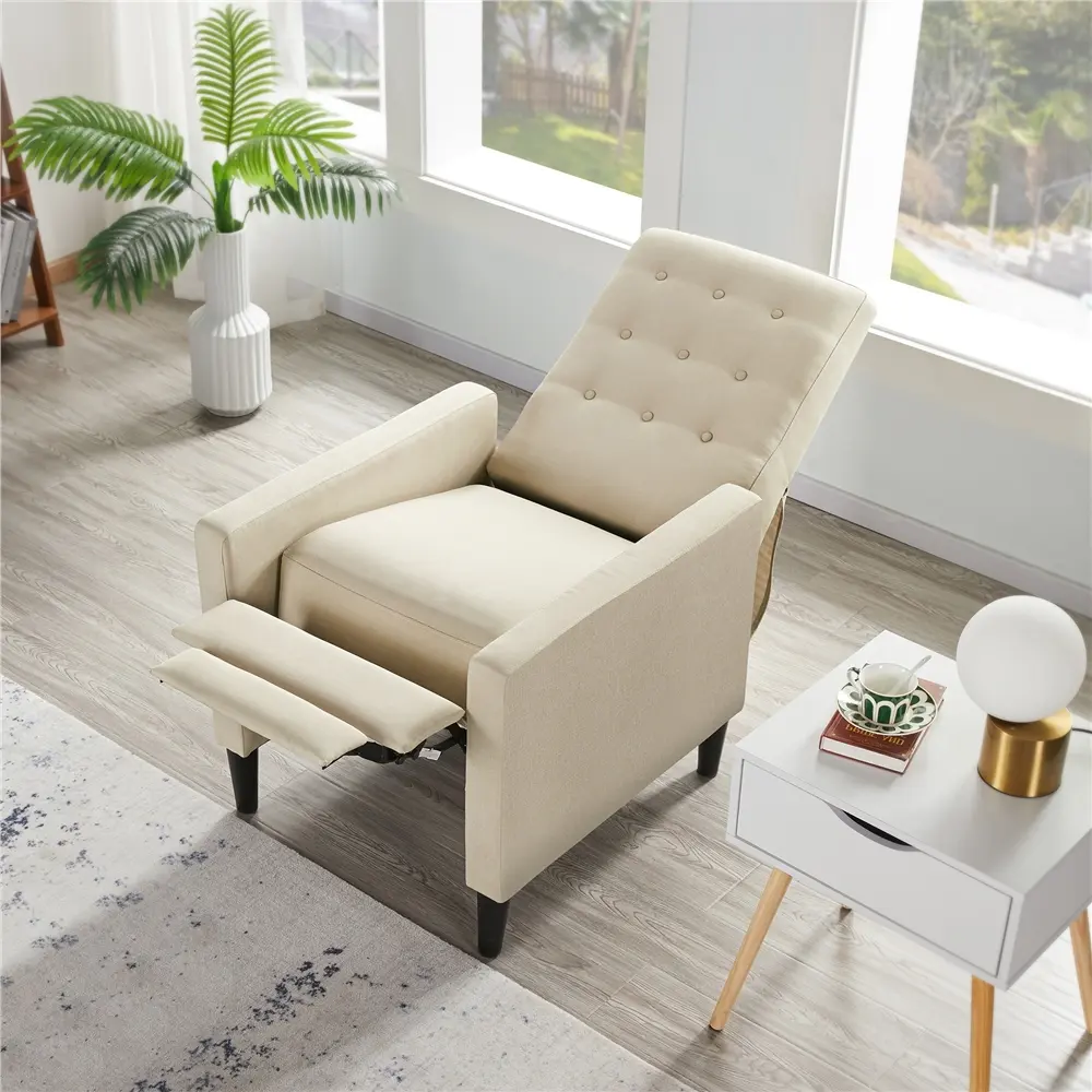 Yaheetech Comfy Reading Fabric Recliner Chair - Button Tufted Vintage Design, Fixed Arms, Adjustable Back, Footrest, Easy Set-Up, 331lb Capacity, 26.5″ W × 32″ D × 40.5″ H, 45.6 lb, Fabric Cover, Small Spaces Neutral Indoor Seat for Living Room, Game Room