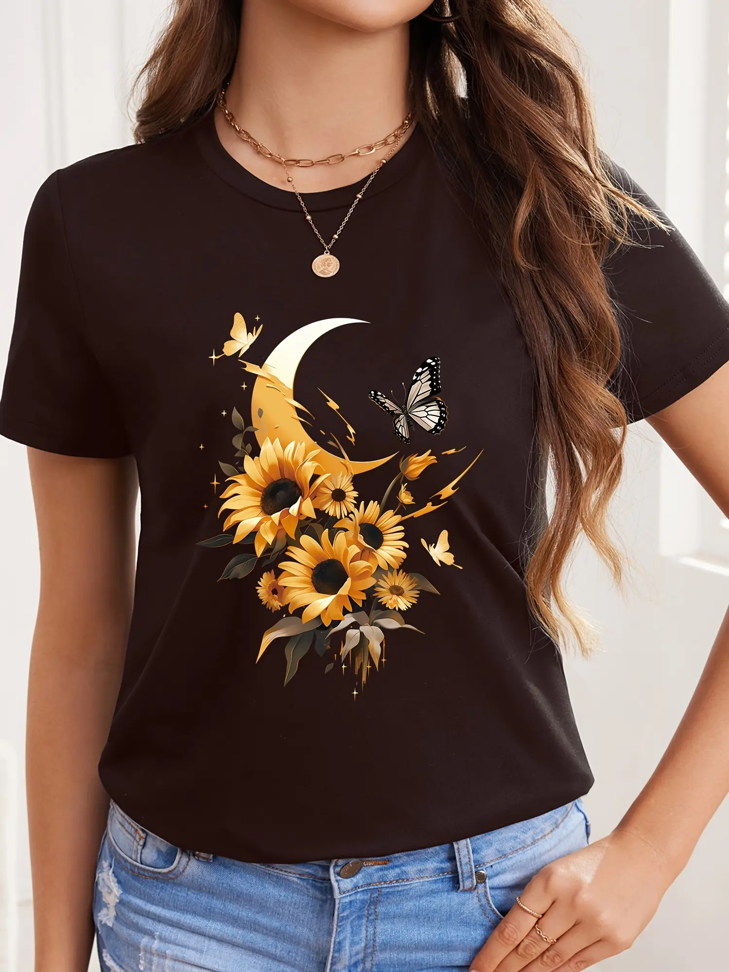 Women's Casual T-Shirt, Sunflower & Moon Graphic Print, Breathable 100% Cotton Round Neck Short Sleeve Style for Everyday Wear, Shortsleeve, Lady, Top, Soft, Tops, Comfortable, Fit