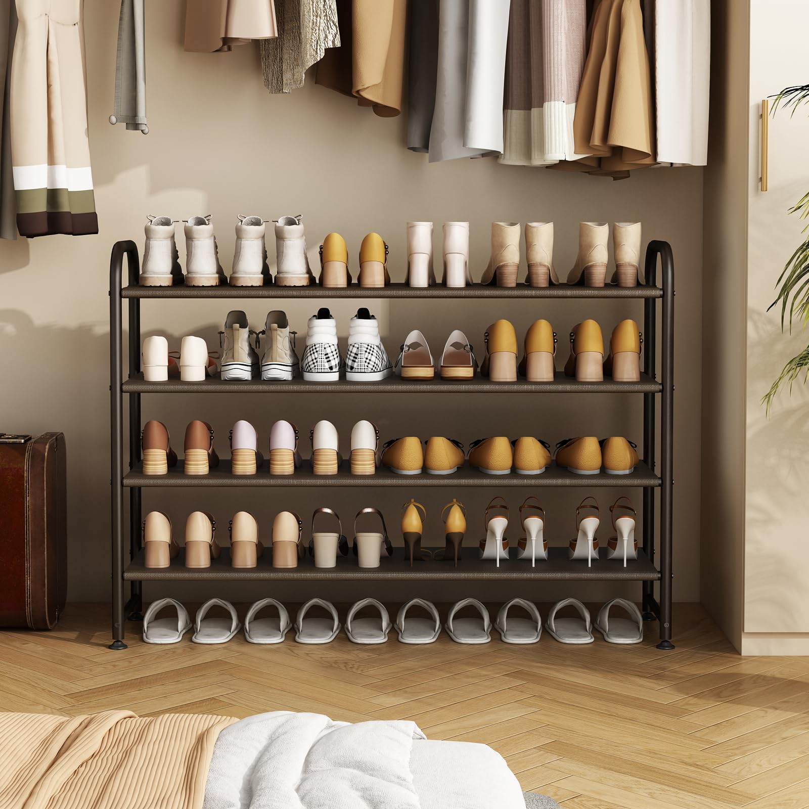 SUOERNUO 2 / 3 /4Tier  Long Shoe Rack for Closet Shoe Organizer for Closet Floor Entryway Storage Stackable Wide Shoe Shelf