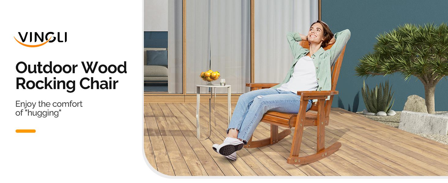 VINGLI Heavy Duty 600 LBS Outdoor Wooden Rocking Chair with Higher Backrest,Patio Rocking Chair with Ergonomic Design, Weatherproof Outdoor Rockers Suit for Patio, Garden, Balcony, Yard