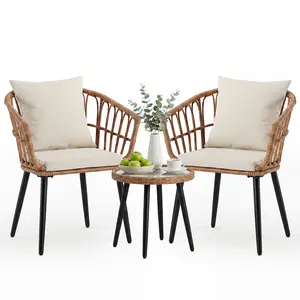 3 Pieces Outdoor Bistro Set, All-Weather PE Rattan Patio Furniture Set with Cushions, Steel Frame Table and Chairs for Balcony, Apartment, Porch