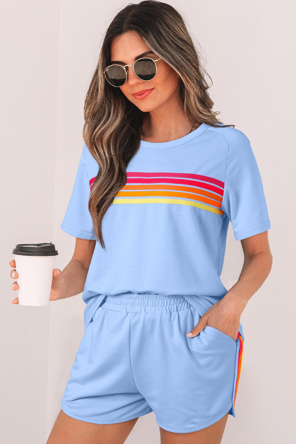 Znacicc Women's  Striped Accent Pullover and Shorts Two Piece Casual  Winteroutfit Set for Comfortable Daily Wear - Clothing, Lounge wear Cute Chic Long Sleeve Crewneck High Waist Womenswear Fitted