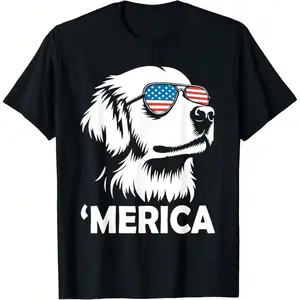 Men's 100% Cotton T-Shirt, Oversized 4th of July Golden Retriever Graphic Top, Relaxed Fit Short Sleeve for Summer