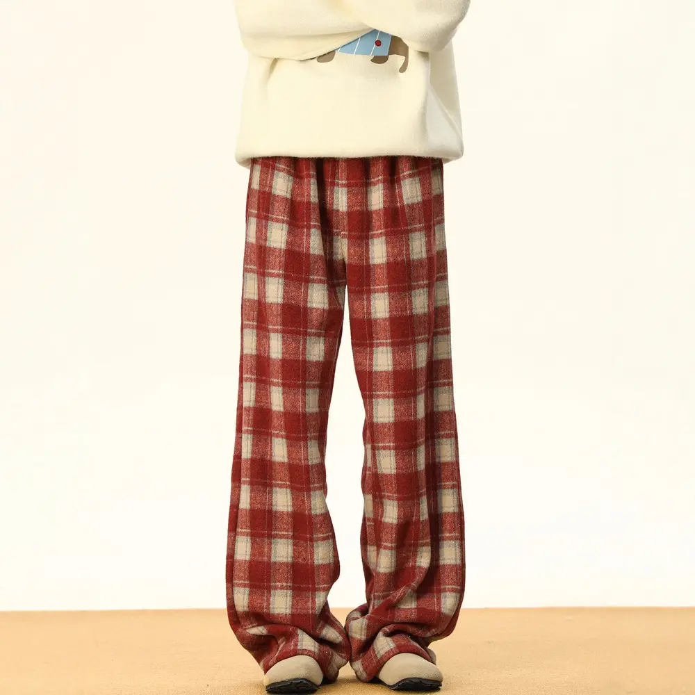 Men's Retro Plaid Flannel Pants Winter Warm Fleece Lined Drawstring Elastic Waist Casual Loose Wide Leg Trousers