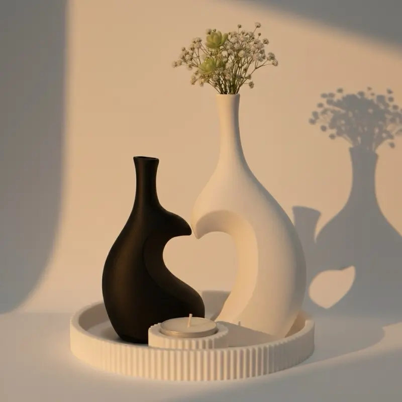 Matte Black 4-Piece Modern Minimalist 3D Printed Plastic Round Heart-Shaped Flower Vases - Valentine's Day Gift, House Decor, Decor for Living Room Centerpieces, Artificial Flower Vessel, Home Supplies Accessory