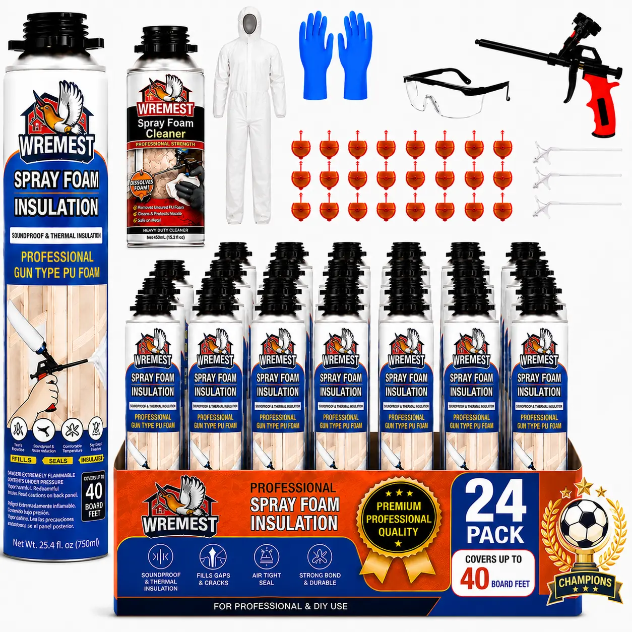 Wremest FullStop Spray Foam Insulation Kit - 40 Sq.Ft High-Density Closed Cell Polyurethane, Single-Component Rapid-Curing Thermally Adhesive Expanding Sealant with Safety Goggles for DIY Energy Savings, Sound Insulation on Walls, Sheds, Boats