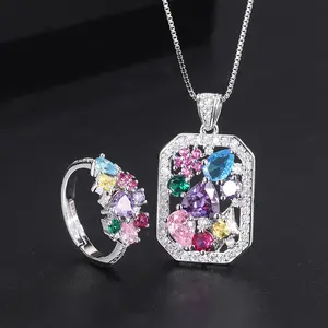 New colorful tourmaline ring and necklace set, featuring a vintage,,, palace-style design and a stylish pendant for women.