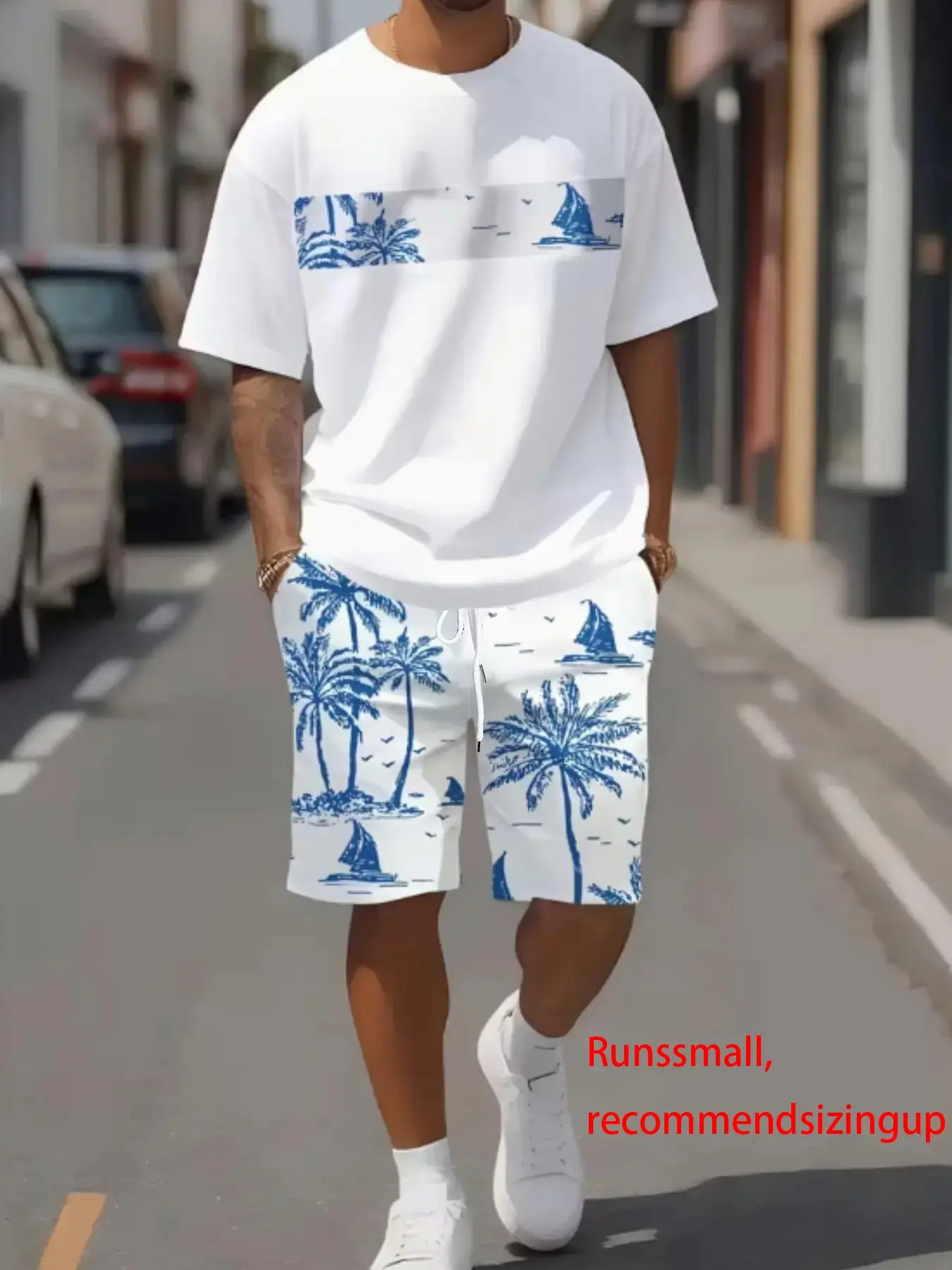 Men's Tropical Palm Tree Print T-Shirt and Shorts Set, Two Piece Set, Casual Fitted All-Over Print Outfit for Summer, Fashion Comfortable Wear