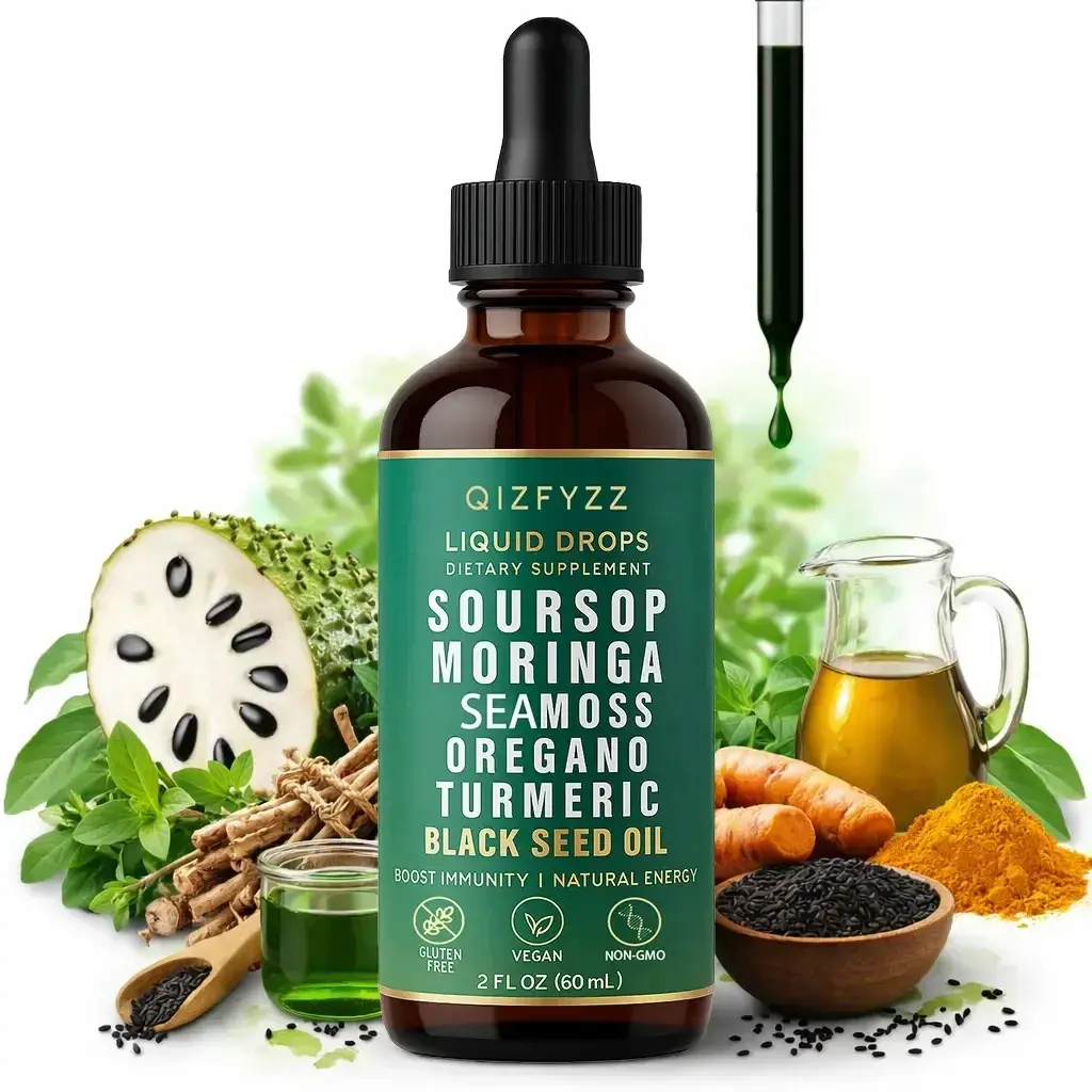 'summervibes QIZFYZZ 10-in-1 Soursop Bitters Liquid Drops – Sea Moss, Noni, Moringa, Turmeric, Black Seed Oil, Oregano & Ashwagandha Herbal Blend, Vegan Non-GMO, 2 fl oz