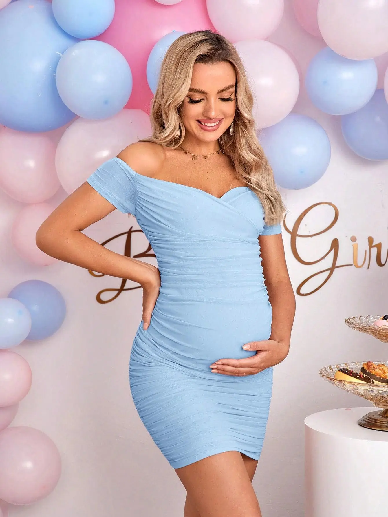 Gender Reveal Dress Maternity Off-Shoulder Ruched Bodycon Dress Baby Shower Dress