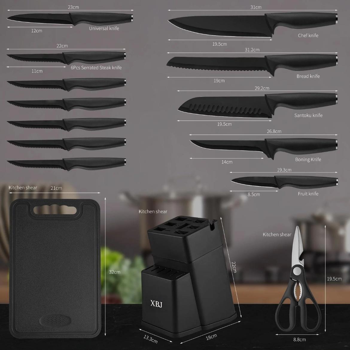 15 Pcs Steel Kitchen BlockKnife Set with Block, Sharpener, Heavy PoultryShears and 6pcs Serrated Steak Knives RazorSharp, Anti-Slip Handle Steel,Handy, Stainless German Blade Utensils Modern Kitchenware Storage Cutting