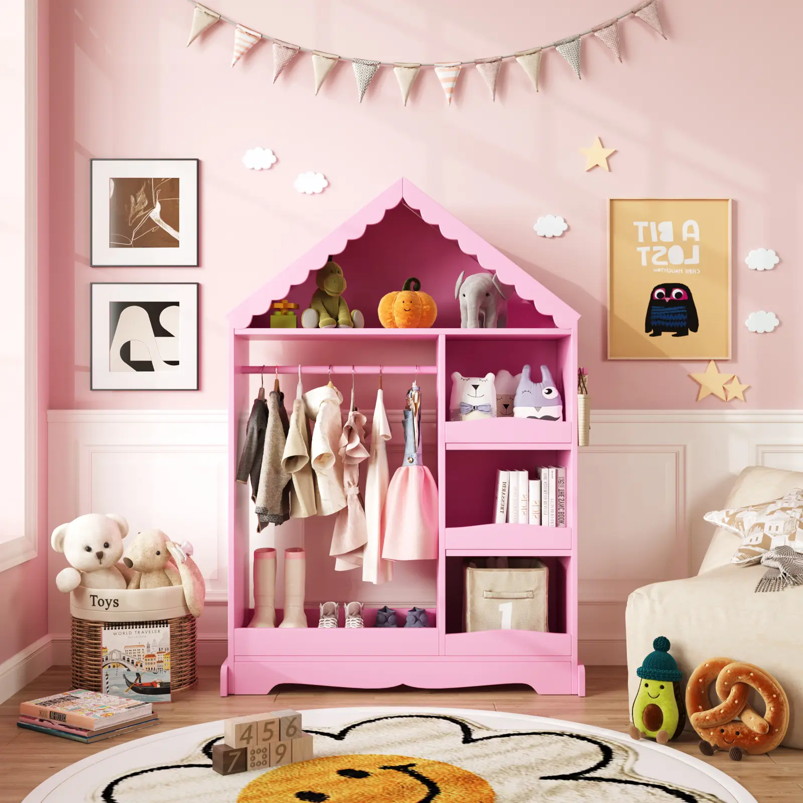 VOWNER Kids Closet with Mirror, Wardrobe with Clothing Rack, Shelves, Hooks & Cubbies for Bedroom Playroom tiktokshopbacktoschool