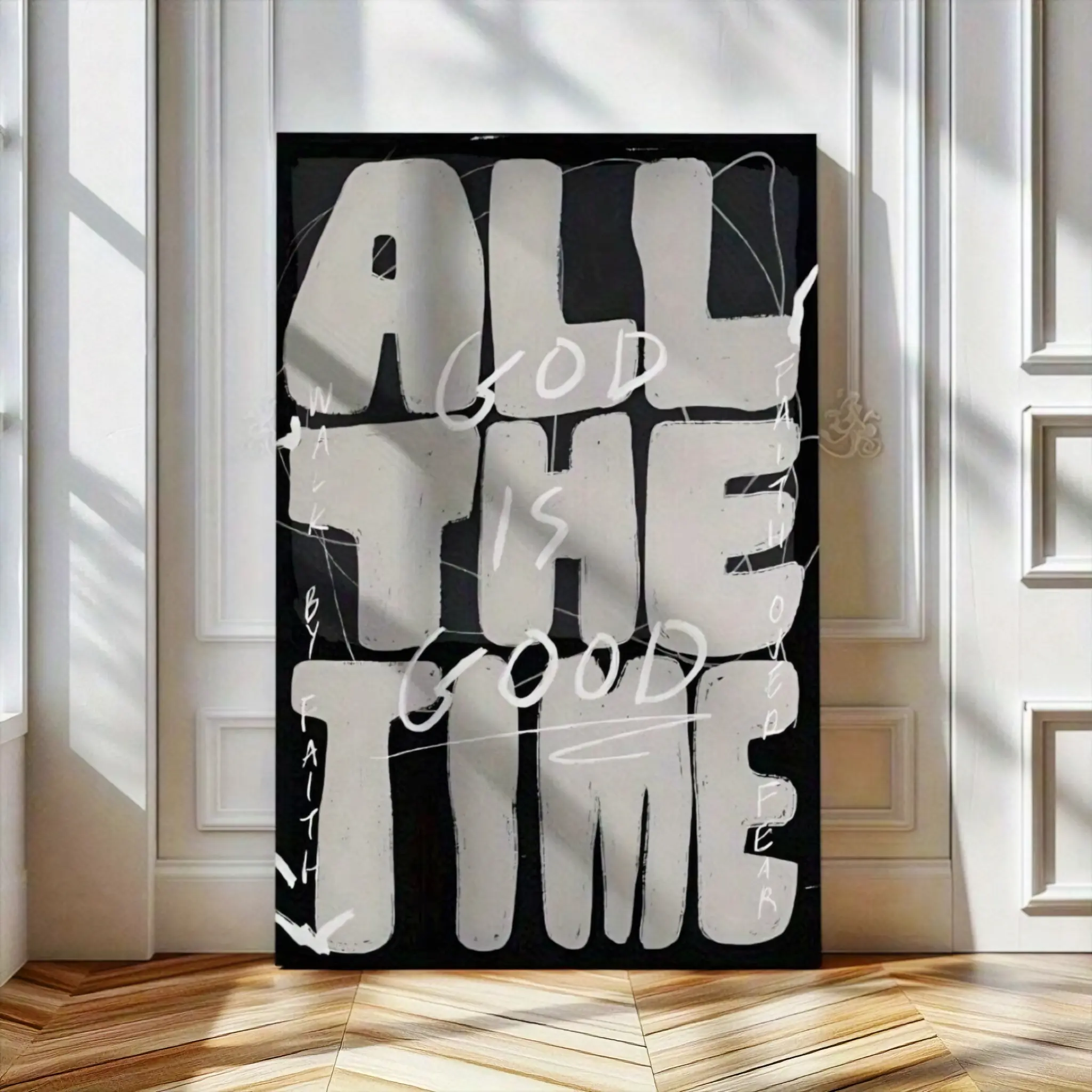 Modern Christian Wall Decor With "GOD. ALL. THE TIME. & GOOD. ALL. THE TIME. FAITH. ALL. THE TIME." - Black & White Minimalist Bible Verse Art In Beige/Gray/White - Vertical Inspirational Scripture Print For Home, Church