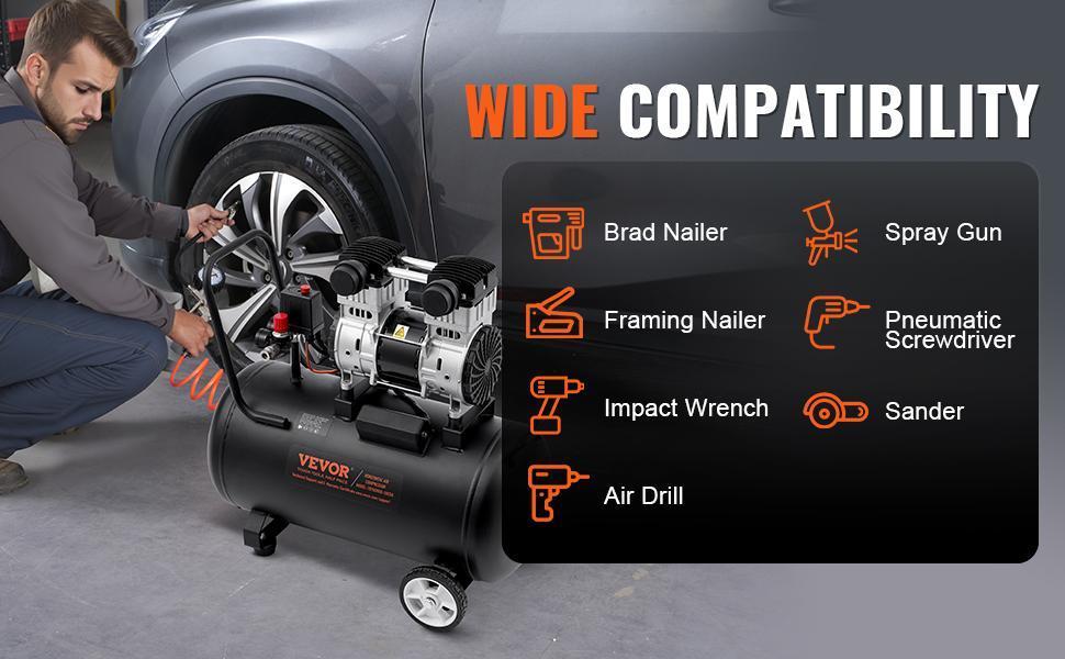 VEVOR Oil-Free Compact Portable Air Compressor - 2HP, 15 Gal Steel Tank, 5.3 CFM@90 PSI, 125PSI Max Pressure, 78dB Ultra Quiet, Cooling Fan, Silicone Parts, for Auto Repair, Spray Painting, Home DIY Projects VEVOR Oil-Free Compact Portable Air Compressor - 2HP, 15 Gal Steel Tank, 5.3 CFM@90 PSI, 125PSI Max Pressure, 78dB Ultra Quiet, Cooling Fan, Silicone Parts, for Auto Repair, Spray Painting, Home DIY Projects