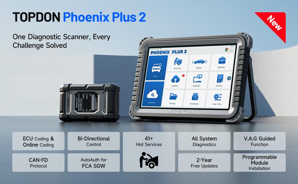 TOPDON Phoenix Plus 2 OBD2 Scanner, Bidirectional Car Diagnostic Scan Tool, ECU Coding, Topology Map, CANFD, OEM Full System, 41+ Service, 2 Years Free Update Automotive Scan Tool Obd Port