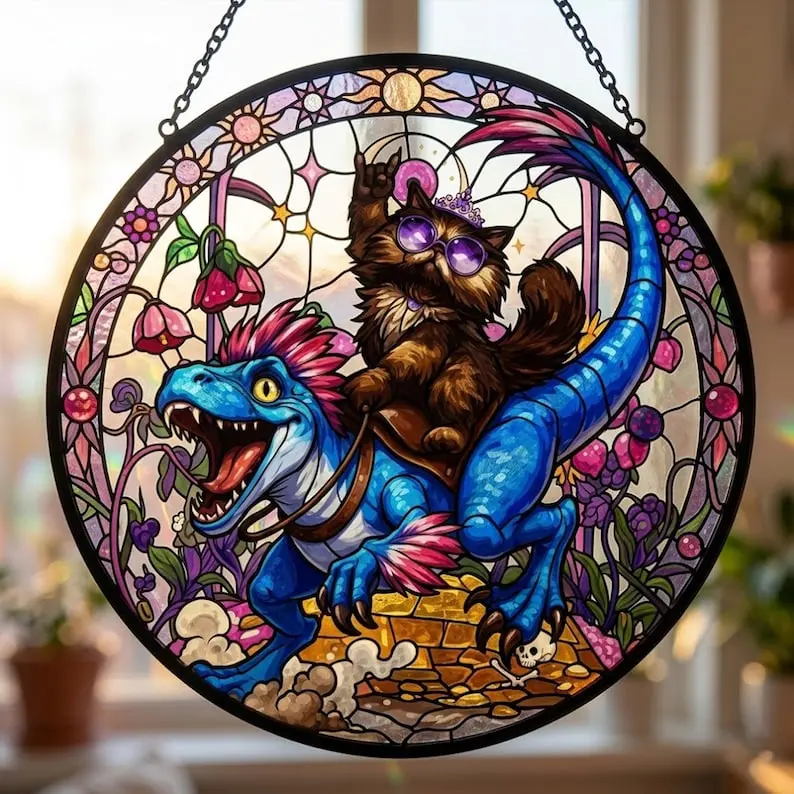 Stained Glass Dungeon Cat & Velociraptor Suncatcher, Fantasy Window Hanging, Geeky Cat Lover Home Decor, LitRPG Book Reader Gift For Crawlers